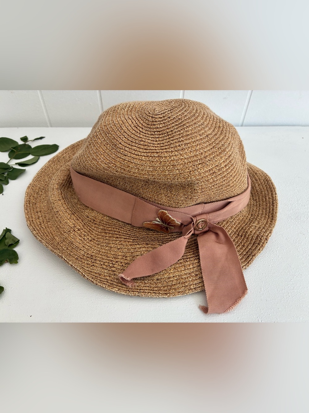Women's Brown Straw Sun Hat with Pink Ribbon Accent